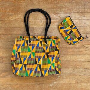 Vintage Tote Purse Top Handle Bag w/ Zip Makeup Bag Tribal Africa Print Lined